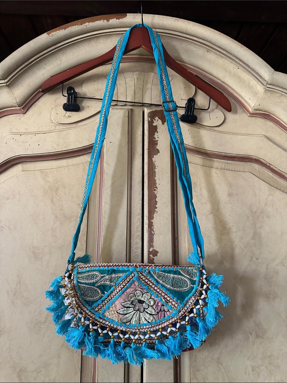 Hand-Embroidered Turquoise Tassel Crossbody Bag